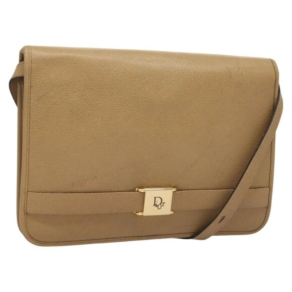 Christian Dior Shoulder Bag Leather Beige Gold